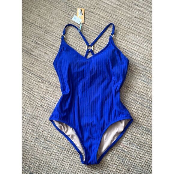 Women S Wide Ribbed Ring Medium Coverage One Piece Swimsuit - Kona Sol Blue Larg - Picture 2 of 3